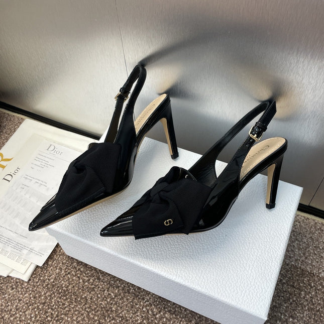 DIOR 25S SLINGBACK PUMP 80MM IN BLACK PATENT CALFSKIN AND GROSGRAIN