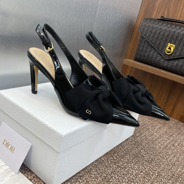 DIOR 25S SLINGBACK PUMP 80MM IN BLACK PATENT CALFSKIN AND GROSGRAIN
