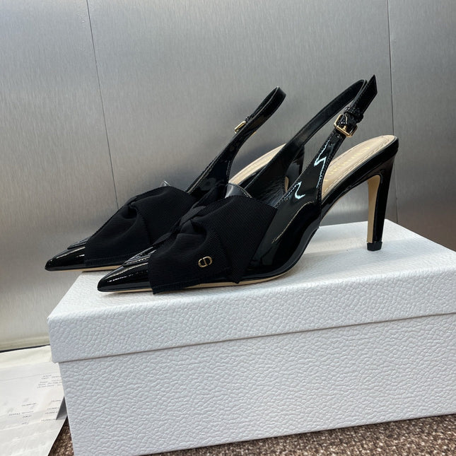 DIOR 25S SLINGBACK PUMP 80MM IN BLACK PATENT CALFSKIN AND GROSGRAIN