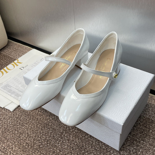 DIOR 25S ROUND-TOE MARY JANE BALLET FLATS IN WHITE CALFSKIN