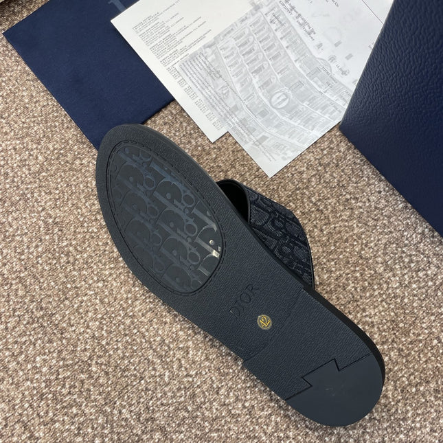 DIOR 25S ALIAS THONG SANDAL IN NAVY BLACK CALFSKIN AND CANVAS