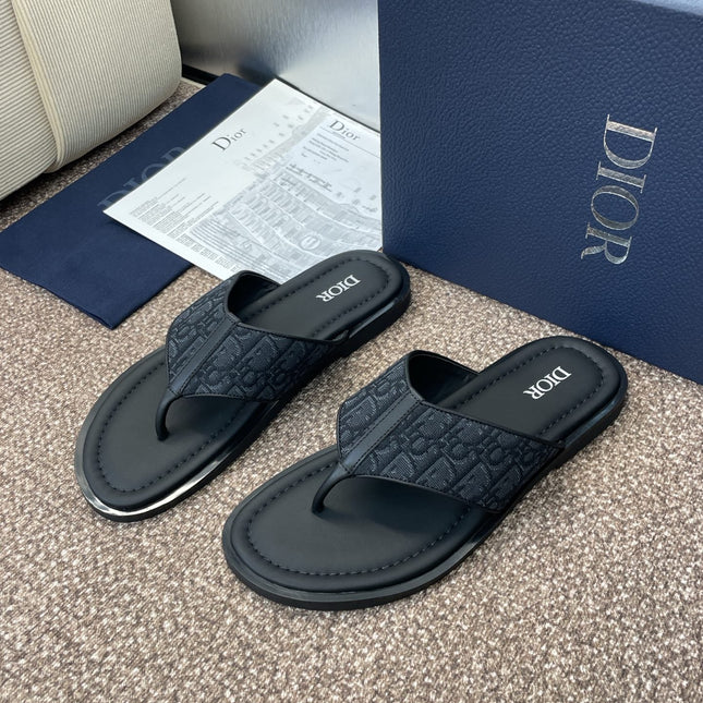 DIOR 25S ALIAS THONG SANDAL IN NAVY BLACK CALFSKIN AND CANVAS