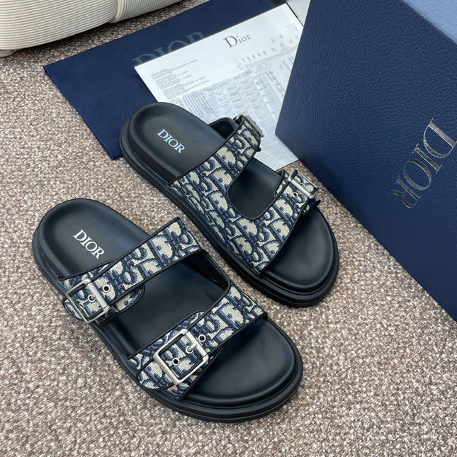 DIOR 25S DIORACT SLIDE IN DEEP BLUE CALFSKIN AND CANVAS SILVER HARDWARE