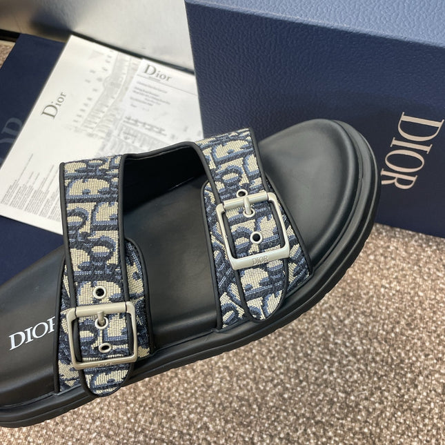 DIOR 25S DIORACT SLIDE IN DEEP BLUE CALFSKIN AND CANVAS SILVER HARDWARE