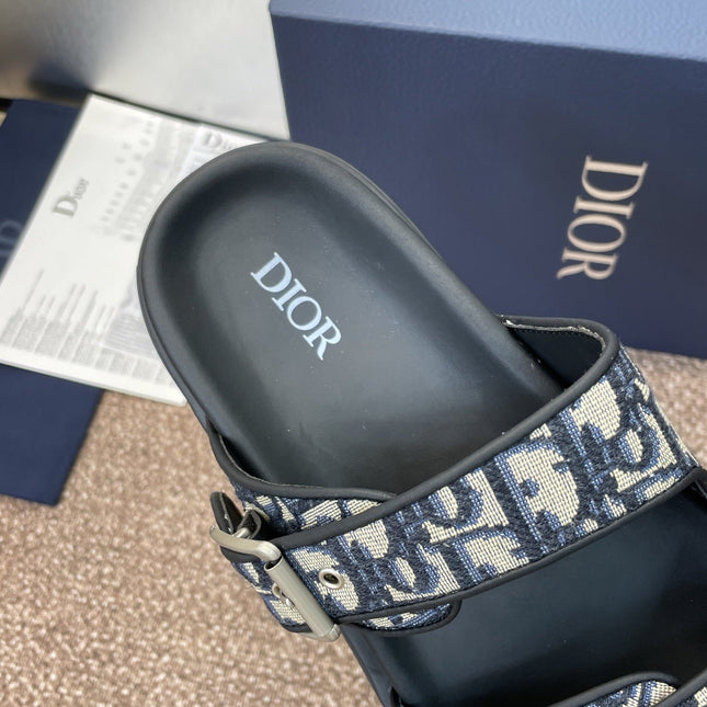 DIOR 25S DIORACT SLIDE IN DEEP BLUE CALFSKIN AND CANVAS SILVER HARDWARE
