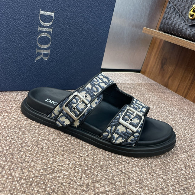 DIOR 25S DIORACT SLIDE IN DEEP BLUE CALFSKIN AND CANVAS SILVER HARDWARE