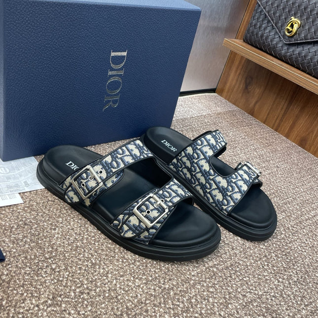 DIOR 25S DIORACT SLIDE IN DEEP BLUE CALFSKIN AND CANVAS SILVER HARDWARE