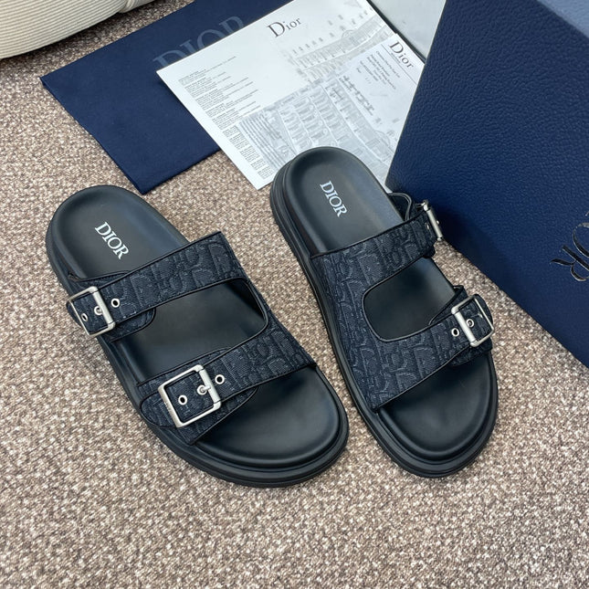 DIOR 25S DIORACT SLIDE IN BLACK CALFSKIN AND CANVAS SILVER HARDWARE