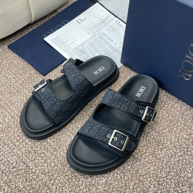 DIOR 25S DIORACT SLIDE IN BLACK CALFSKIN AND CANVAS SILVER HARDWARE