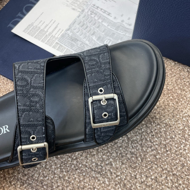 DIOR 25S DIORACT SLIDE IN BLACK CALFSKIN AND CANVAS SILVER HARDWARE