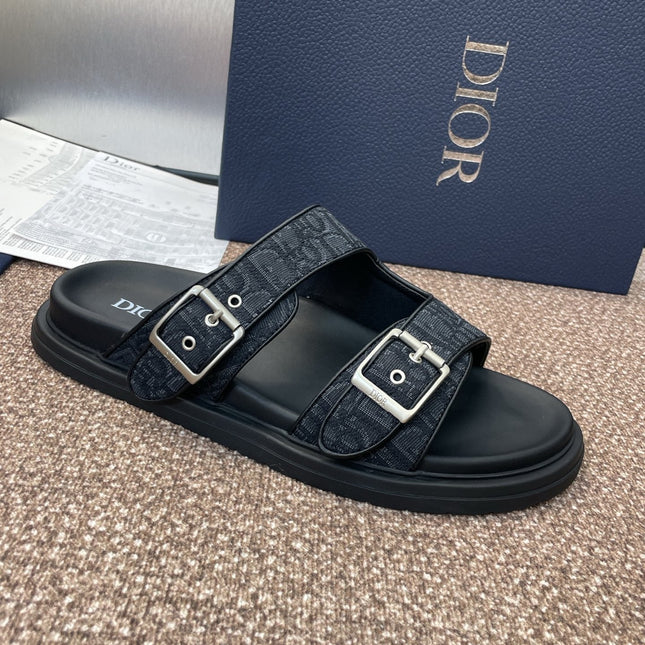 DIOR 25S DIORACT SLIDE IN BLACK CALFSKIN AND CANVAS SILVER HARDWARE