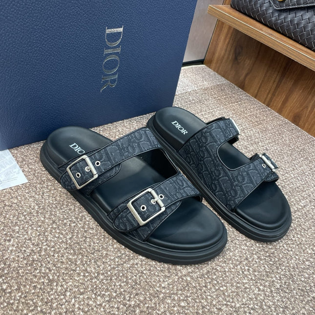 DIOR 25S DIORACT SLIDE IN BLACK CALFSKIN AND CANVAS SILVER HARDWARE