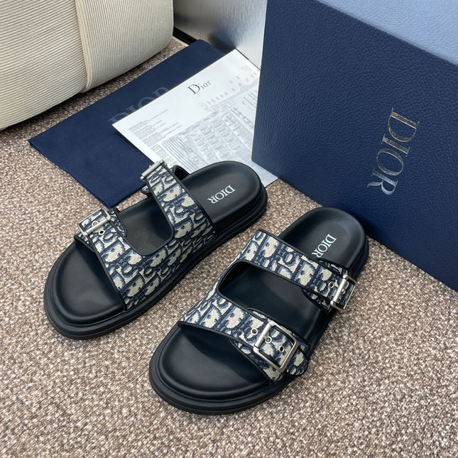 DIOR 25S DIORACT SLIDE IN DEEP BLUE CALFSKIN AND CANVAS SILVER HARDWARE
