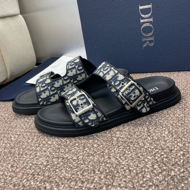 DIOR 25S DIORACT SLIDE IN DEEP BLUE CALFSKIN AND CANVAS SILVER HARDWARE