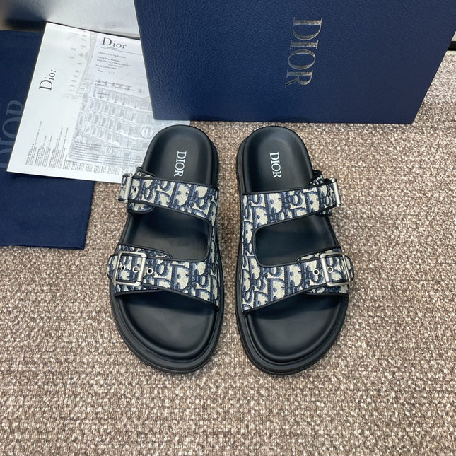 DIOR 25S DIORACT SLIDE IN DEEP BLUE CALFSKIN AND CANVAS SILVER HARDWARE