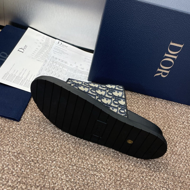 DIOR 25S DIORACT SLIDE IN DEEP BLUE CALFSKIN AND CANVAS SILVER HARDWARE