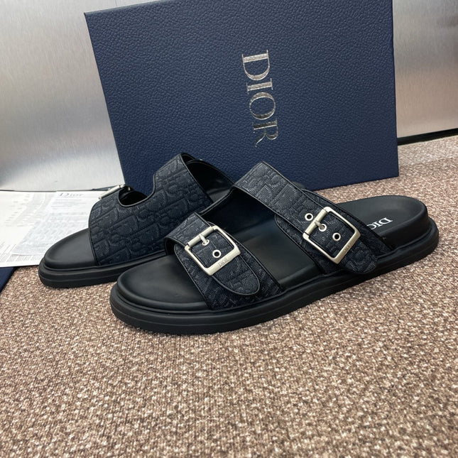 DIOR 25S DIORACT SLIDE IN BLACK CALFSKIN AND CANVAS SILVER HARDWARE