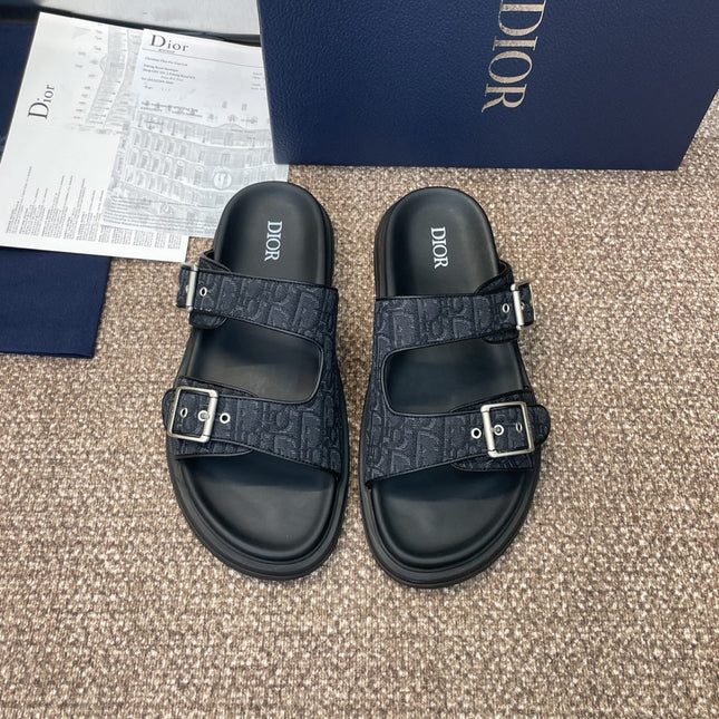 DIOR 25S DIORACT SLIDE IN BLACK CALFSKIN AND CANVAS SILVER HARDWARE