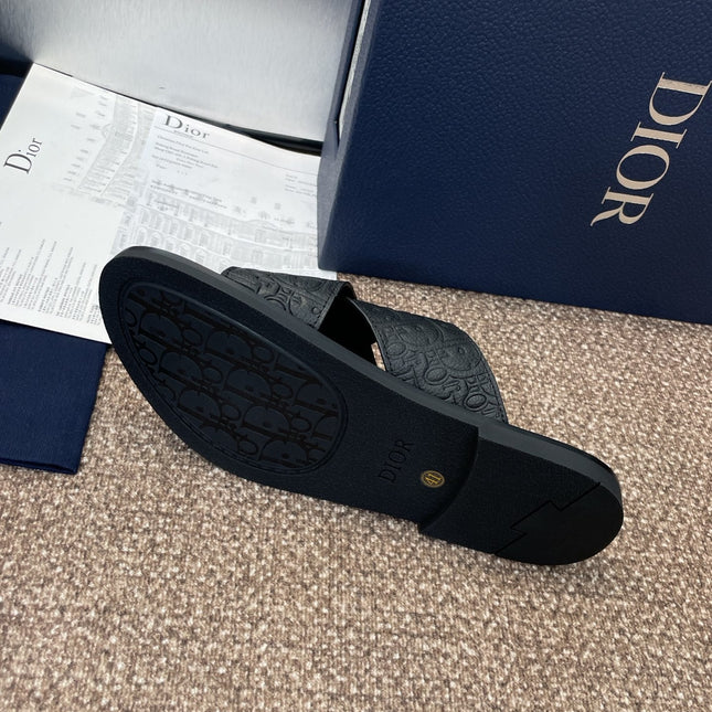 DIOR 25S ALIAS CROSS-STRAP SLIDES IN BLACK CALFSKIN
