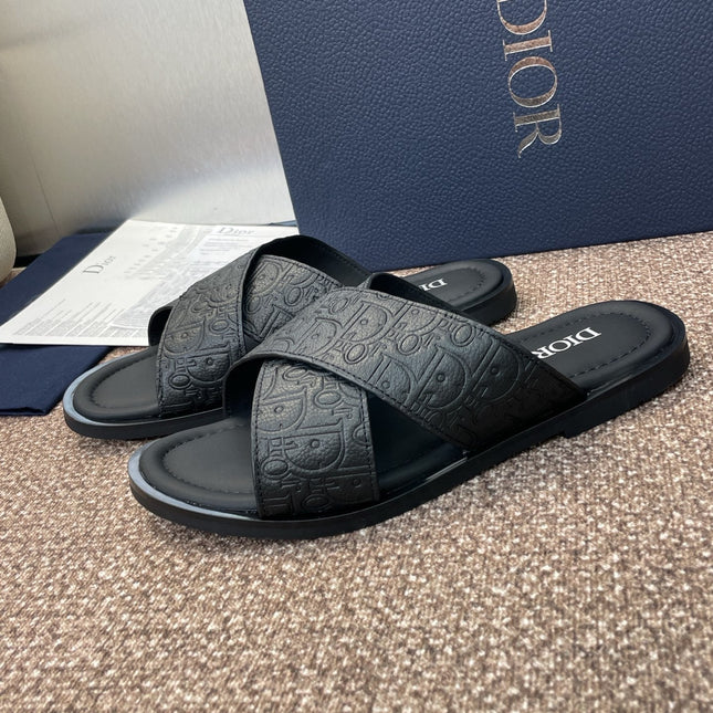 DIOR 25S ALIAS CROSS-STRAP SLIDES IN BLACK CALFSKIN