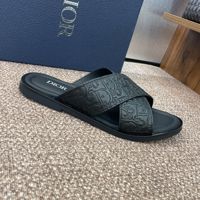 DIOR 25S ALIAS CROSS-STRAP SLIDES IN BLACK CALFSKIN