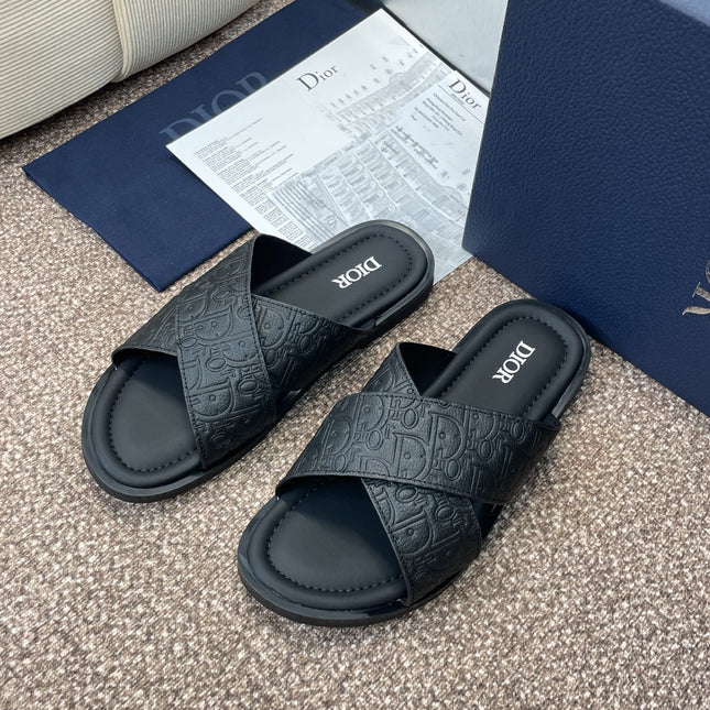 DIOR 25S ALIAS CROSS-STRAP SLIDES IN BLACK CALFSKIN