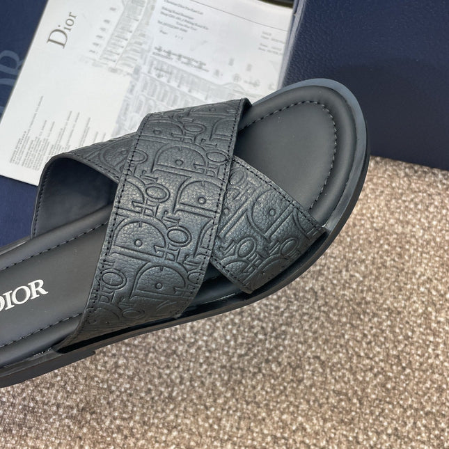 DIOR 25S ALIAS CROSS-STRAP SLIDES IN BLACK CALFSKIN