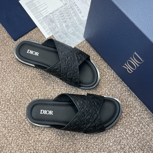 DIOR 25S ALIAS CROSS-STRAP SLIDES IN BLACK CALFSKIN