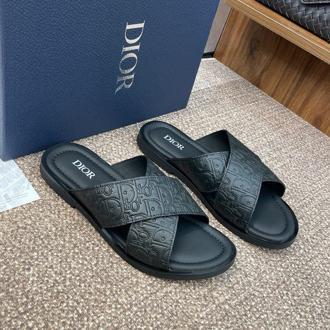 DIOR 25S ALIAS CROSS-STRAP SLIDES IN BLACK CALFSKIN