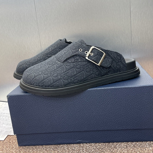 DIOR 25S AQUA MULES WITH OBLIQUE PATTERN IN DARK BLUE CANVAS