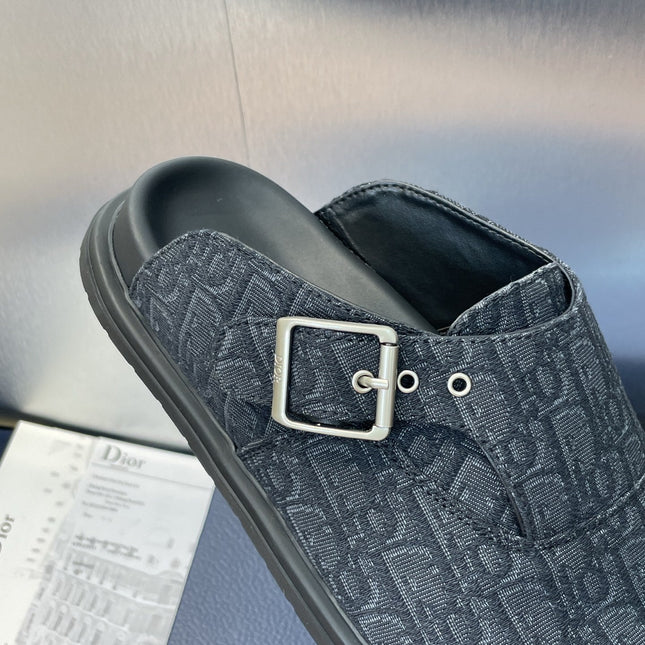 DIOR 25S AQUA MULES WITH OBLIQUE PATTERN IN DARK BLUE CANVAS
