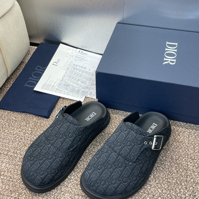 DIOR 25S AQUA MULES WITH OBLIQUE PATTERN IN DARK BLUE CANVAS