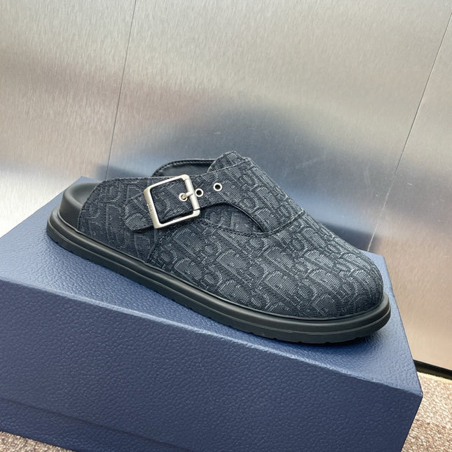 DIOR 25S AQUA MULES WITH OBLIQUE PATTERN IN DARK BLUE CANVAS
