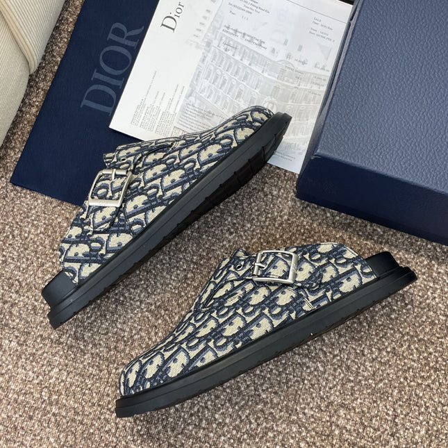 DIOR 25S AQUA MULES WITH OBLIQUE PATTERN IN DEEP BLUE CANVAS