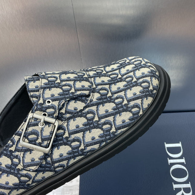 DIOR 25S AQUA MULES WITH OBLIQUE PATTERN IN DEEP BLUE CANVAS