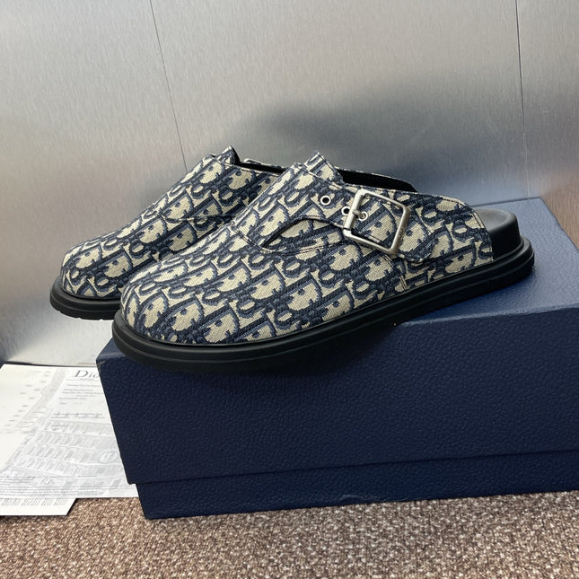 DIOR 25S AQUA MULES WITH OBLIQUE PATTERN IN DEEP BLUE CANVAS