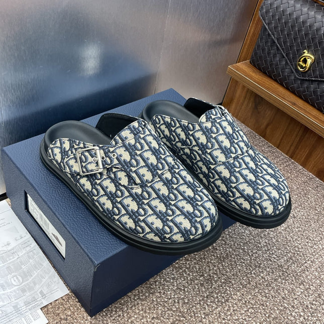 DIOR 25S AQUA MULES WITH OBLIQUE PATTERN IN DEEP BLUE CANVAS
