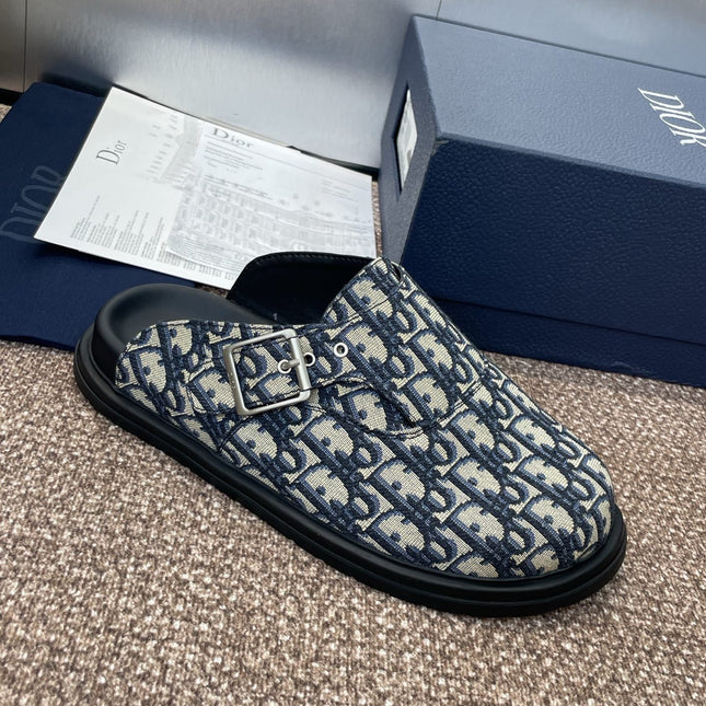 DIOR 25S AQUA MULES WITH OBLIQUE PATTERN IN DEEP BLUE CANVAS