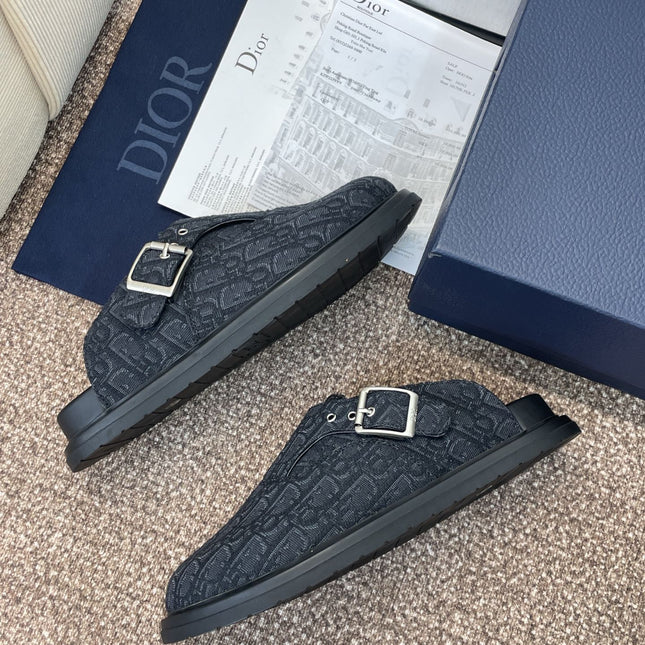 DIOR 25S AQUA MULES WITH OBLIQUE PATTERN IN DARK BLUE CANVAS