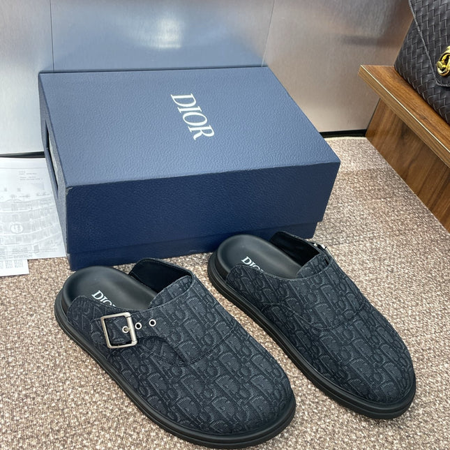 DIOR 25S AQUA MULES WITH OBLIQUE PATTERN IN DARK BLUE CANVAS