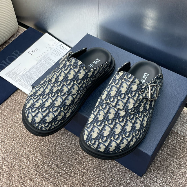 DIOR 25S AQUA MULES WITH OBLIQUE PATTERN IN DEEP BLUE CANVAS