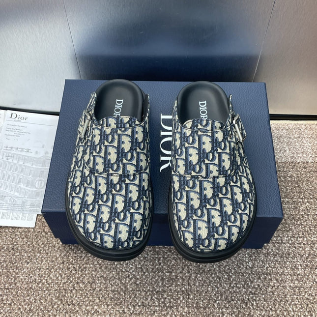 DIOR 25S AQUA MULES WITH OBLIQUE PATTERN IN DEEP BLUE CANVAS