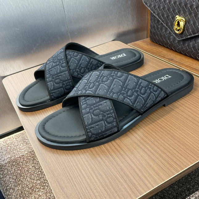 DIOR 25S ALIAS CROSS-STRAP SLIDES IN BLACK CALFSKIN WITH CD OBLIQUE DARK BLUE LOGO