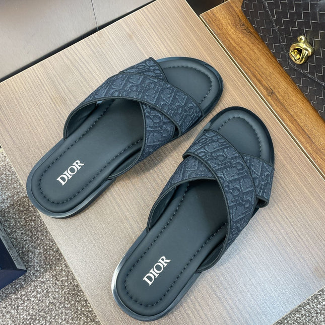 DIOR 25S ALIAS CROSS-STRAP SLIDES IN BLACK CALFSKIN WITH CD OBLIQUE DARK BLUE LOGO