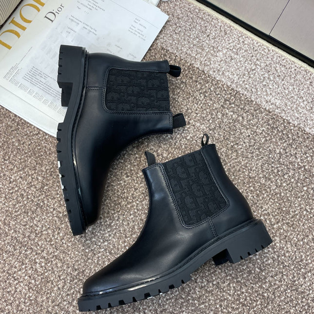 DIOR 25S D-QUEST CHELSEA ANKLE BOOTS 25MM IN BLACK CALFSKIN AND CANVAS