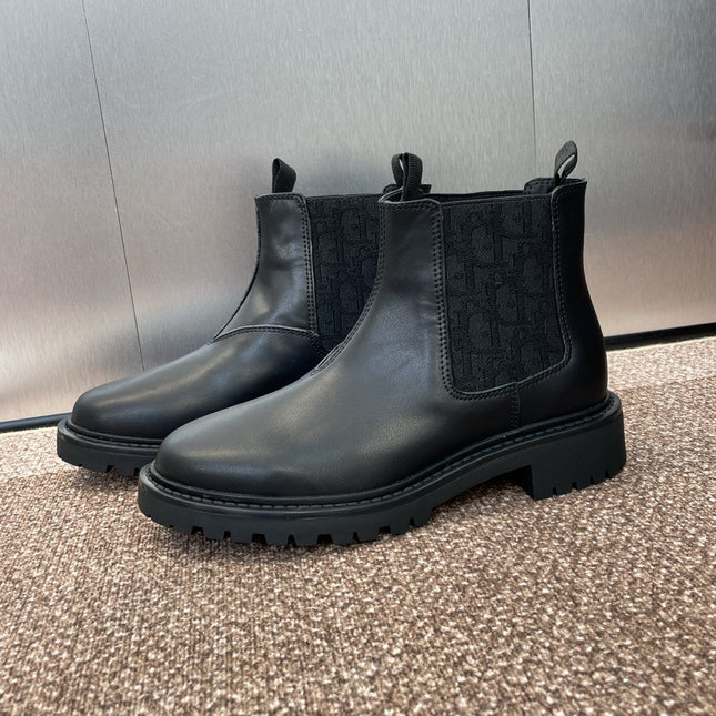 DIOR 25S D-QUEST CHELSEA ANKLE BOOTS 25MM IN BLACK CALFSKIN AND CANVAS