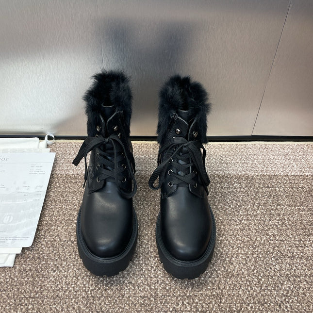 DIOR 25S D-MAJOR ANKLE BOOTS WICKER STYLE 35MM IN BLACK CALFSKIN AND FUR