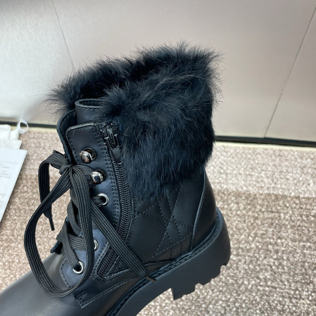 DIOR 25S D-MAJOR ANKLE BOOTS WICKER STYLE 35MM IN BLACK CALFSKIN AND FUR