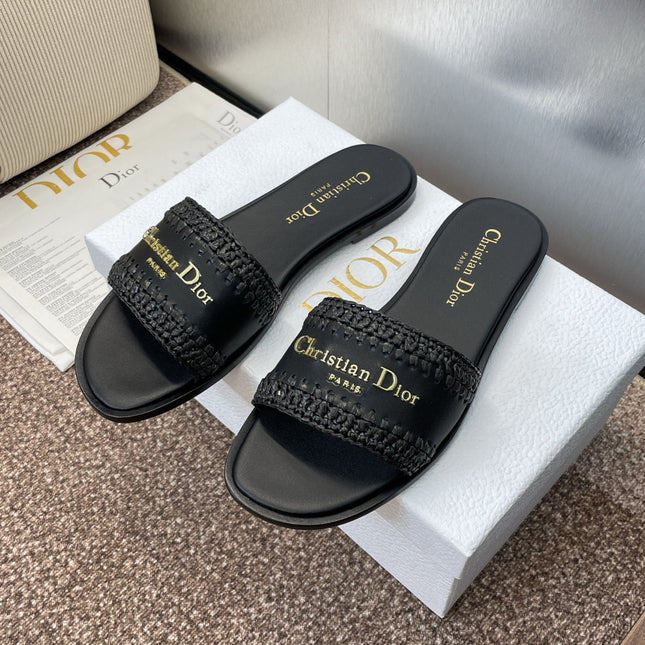 DIOR 25S D-LANE SLIDE BLACK CALFSKIN AND BLACK BRAIDED RAFFIA