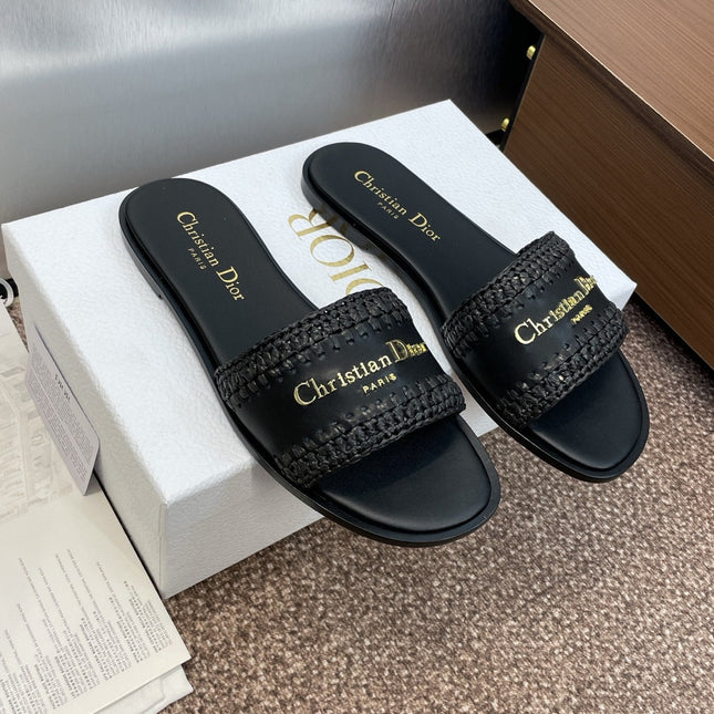 DIOR 25S D-LANE SLIDE BLACK CALFSKIN AND BLACK BRAIDED RAFFIA